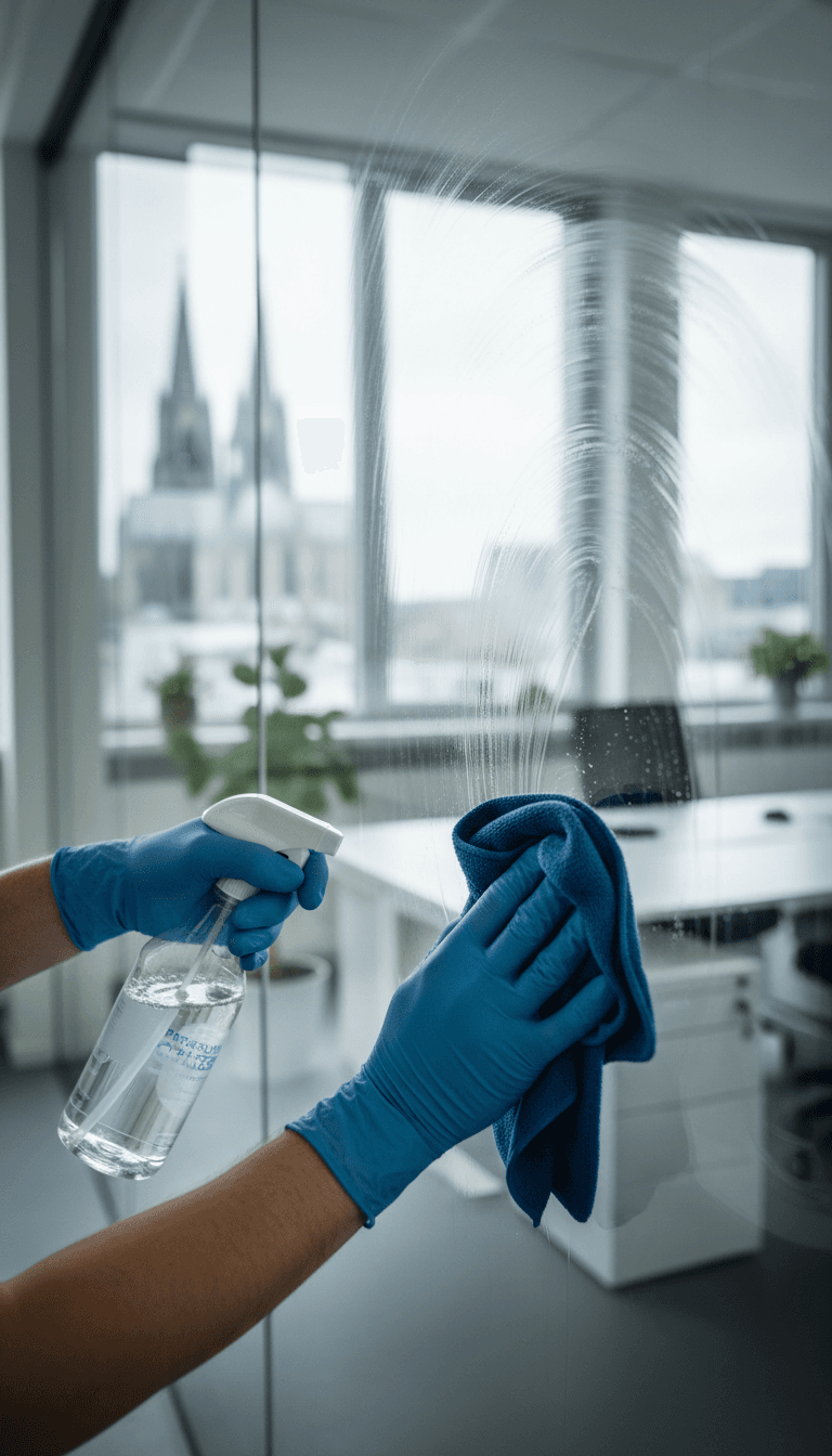 Reinigungskraft reinigt eine Glasfläche im Büro